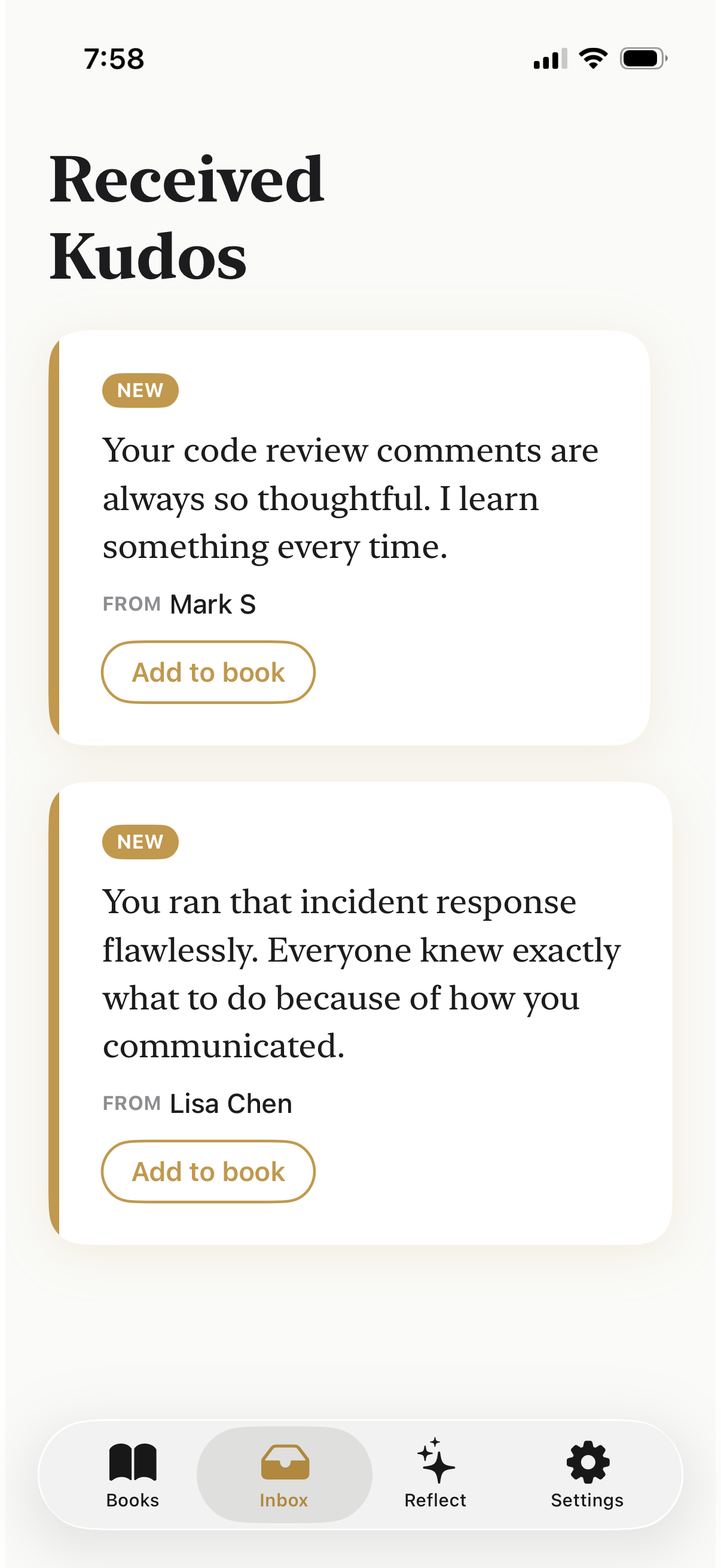 Inbox — receive kudos from teammates
